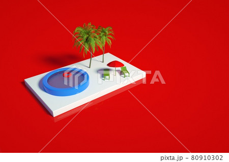3D model of a swimming pool with a palm tree, sun loungers and an umbrella on a white stage. View of the blue pool, palm trees, sun loungers and a red umbrella on a red isolated background. 3D 80910302