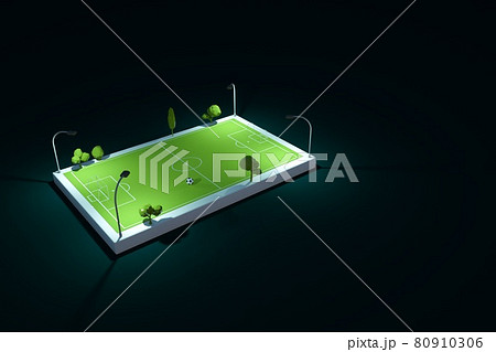 Model of a green sports football field at night, on a dark, black isolated background. Illuminated sports football field, stadium, playground. 3D graphics, top view. 80910306