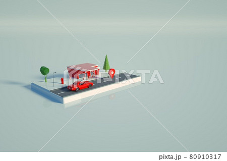 3D model of a red gas station. Object of a red gas station for cars on a white isolated background, standing on the platform. Top view, side view. 80910317