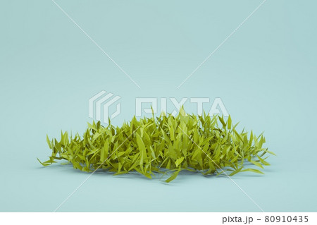 3d round piece of fresh green grass on a white isolated background. Fresh grass, 3d graphics, isometric model of fresh, summer, realistic, green grass. Separate object. Close-up. 80910435