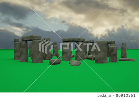 3D models of ancient ruined stone ruins stand on a green floor, grass, against the sky. 3d image of ancient ruins in nature. Ruined structure against the sky. 80910561