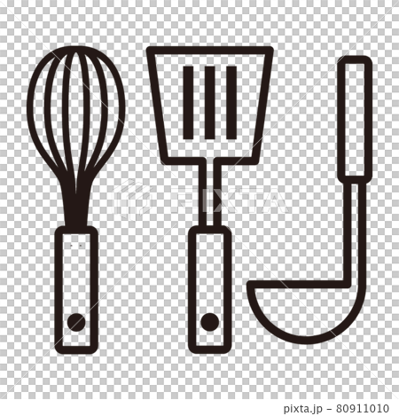 Simple line drawing icon / white background for whisk and spatula and ladle kitchen tools 80911010
