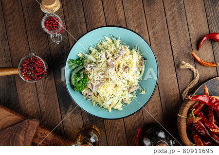 chicken and potato salad dressed with mayonnaise chicken and potato salad dressed with mayonnaise 80911695