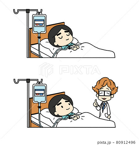点滴をして寝ている患者と横に立つ医者のイラストのイラスト素材