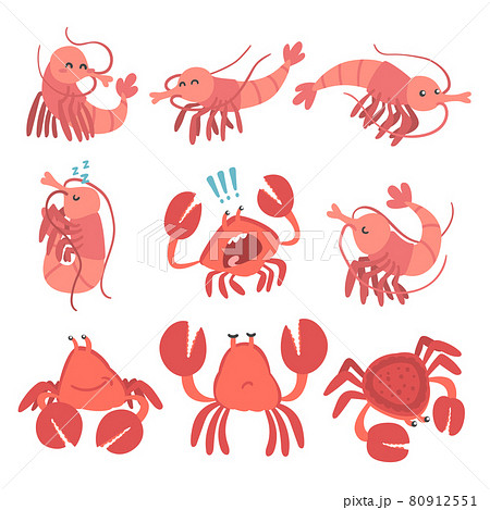 Shrimp and Crab Character as Aquatic Mammal with Smiling Face Vector Set 80912551