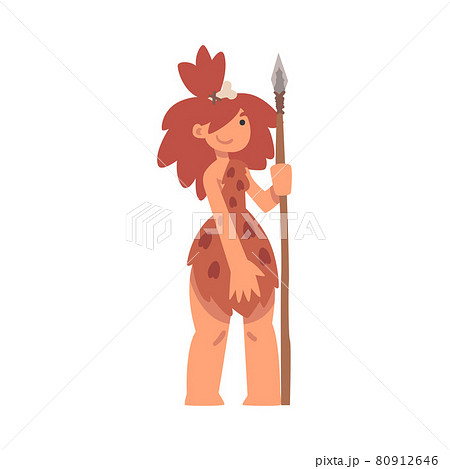 Primitive Woman Character from Stone Age Wearing Animal Skin and Holding Spear Vector Illustration 80912646