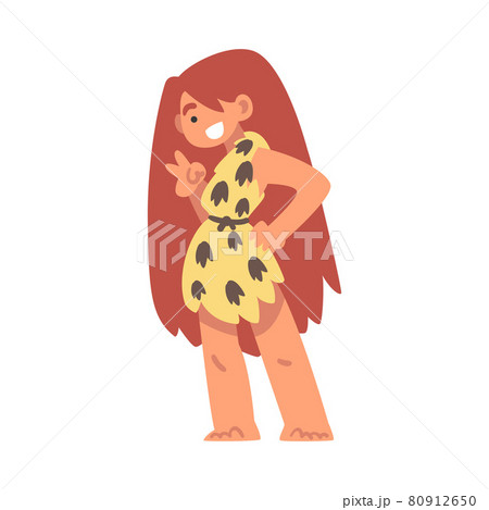 Standing Primitive Woman Character from Stone Age Wearing Animal Skin Showing V Sign Vector Illustration 80912650