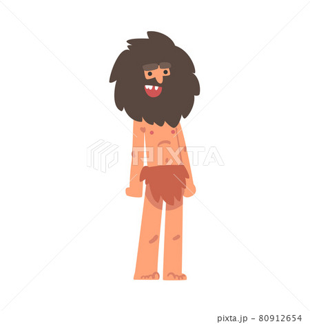 Standing Primitive Bearded Man Character from Stone Age Wearing Animal Skin Vector Illustration Standing Primitive Bearded Man Character from Stone Age Wearing Animal Skin Vector Illustration 80912654