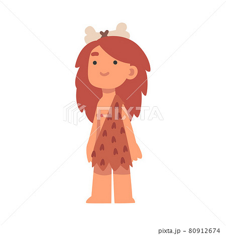 Standing Primitive Little Girl Character from Stone Age Wearing Animal Skin Vector Illustration Standing Primitive Little Girl Character from Stone Age Wearing Animal Skin Vector Illustration 80912674