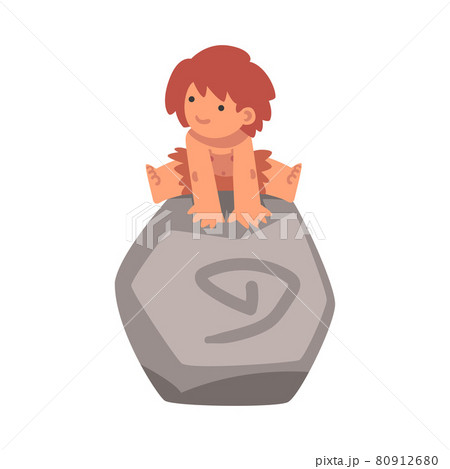 Little Primitive Boy Character from Stone Age Wearing Animal Skin Sitting on Large Boulder Vector Illustration 80912680