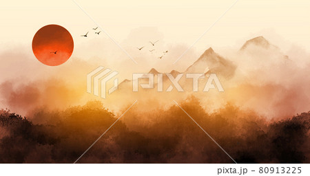 Sunrise landscape with misty forest, distant mountains and sunrise sky. Traditional oriental ink painting sumi-e, u-sin, go-hua. Sunrise landscape with misty forest, distant mountains and sunrise sky. Traditional oriental ink painting sumi-e, u-sin, go-hua. 80913225