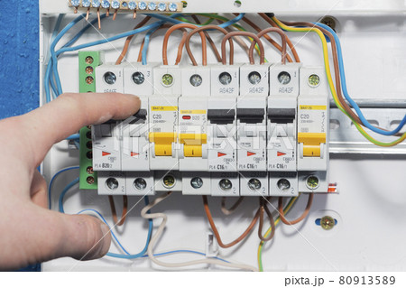 Automatic overload protection devices in the power supply network. Circuit breakers or fuses are an electrical safety device. Automatic overload protection devices in the power supply network. Circuit breakers or fuses are an electrical safety device. 80913589