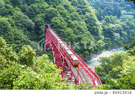 新緑の黒部峡谷　やまびこ展望台から眺めるトロッコ電車 80913618