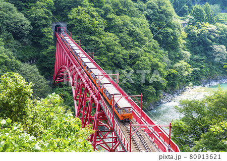 新緑の黒部峡谷　やまびこ展望台から眺めるトロッコ電車 80913621