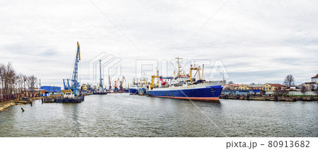 Kaliningrad Port and ships on the Pregolya River in spring Kaliningrad Port and ships on the Pregolya River in spring 80913682