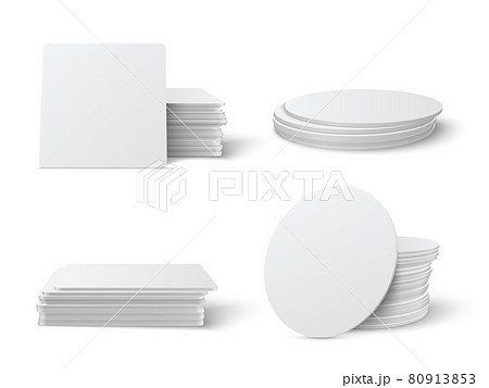 Realistic Round and square table coasters mockup set. 80913853