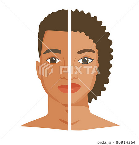 Halves of black woman and man face. Similarity and difference between men and women. Male vs female opposition or social bias. Can be identity searching or change gender concept. Flat style vector 80914364