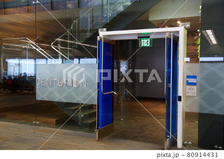 SAN FRANCISCO, CALIFORNIA, UNITED STATES - NOV 27th, 2018: Entrance of the American Express Centurion Lounge at the San Francisco Airport SFO 80914431