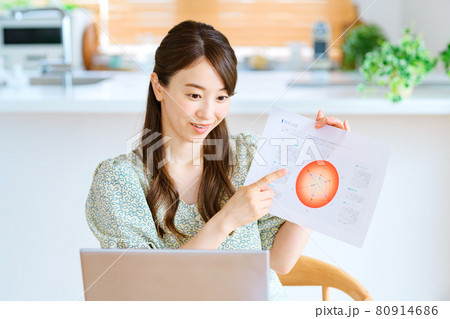 キッチンの前でテレワークする若いビジネスウーマン 80914686