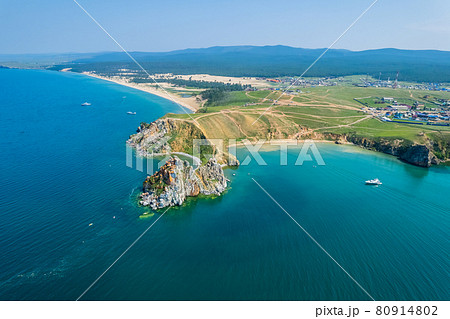 Olkhon Island, the largest island in Lake Baikal in eastern Siberia. Shamanka Rock on Baikal lake near Khuzhir at Olkhon island in Siberia, Russia. 80914802