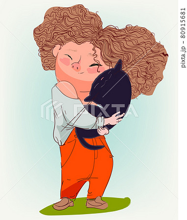 cute plump curly haired girl with cat 80915681