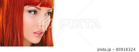 Hair copper color model Asian redhead woman with dyed hair colored for hair coloring beauty salon concept. Panoramic banner white background 80916324