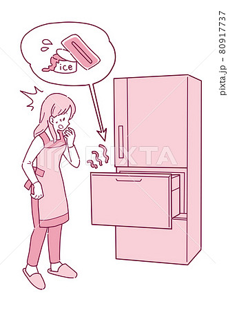 壊れた冷蔵庫とショックを受ける主婦のイラスト 80917737