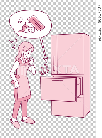 Illustration of a broken fridge and a shocked housewife 80917737