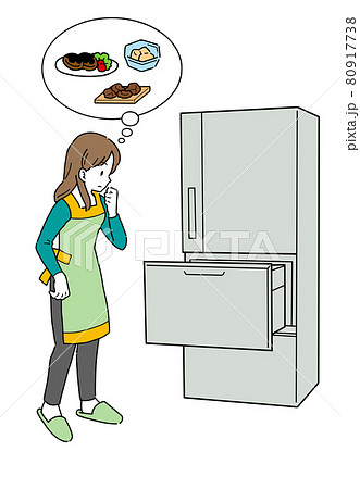 冷蔵庫の中身を見ながら食事のメニューを考える主婦のイラストのイラスト素材