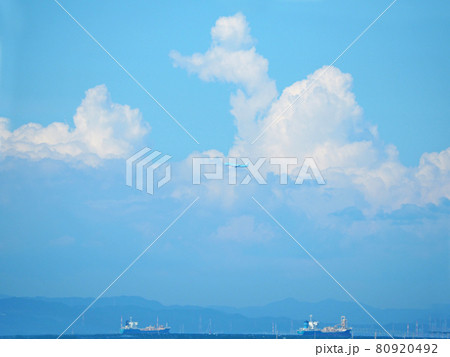 海辺から見る青空にユニークな形の雲と飛行機 海辺から見る青空にユニークな形の雲と飛行機 80920492