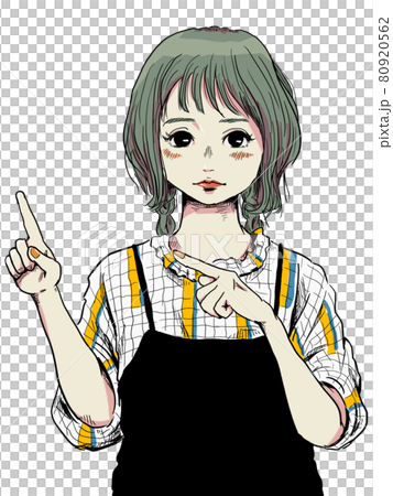 向かって左上を指で差す女性 80920562