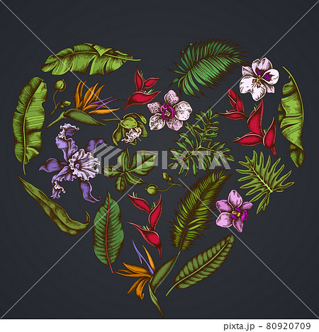 Heart floral design on dark background with monstera, banana palm leaves, strelitzia, heliconia 80920709