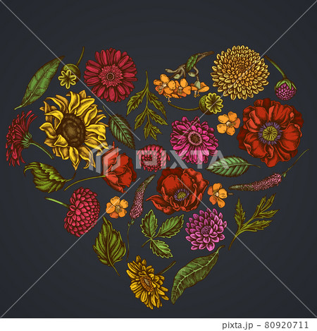 Heart floral design on dark background with poppy flower, gerbera, sunflower, milkweed, dahlia Heart floral design on dark background with poppy flower, gerbera, sunflower, milkweed, dahlia 80920711