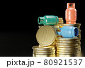 LPG or propane gas tank in the shape of a cylinder placed on a pile of gold coins. The concept of the cost of using cooking gas and the concept of income of a gas business. 80921537