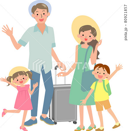 夏に家族旅行に出かけるファミリーのイラスト素材