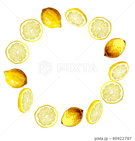 手描き水彩厚塗りの輪切りレモンとレモンの円フレームのイラスト素材