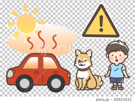 炎天下で暑くなっている車と子供と犬 80923032