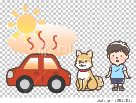 炎天下で暑くなっている車と子供と犬 80923033