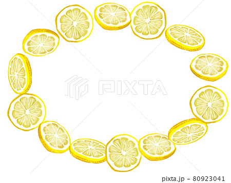 手描き水彩厚塗りの輪切りレモン 楕円フレームイラストのイラスト素材