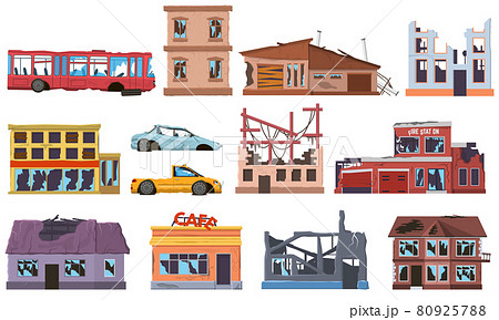 Abandoned damaged broken ruined buildings houses and cars. Old burnt out, trouble decay houses facades, cars, city bus vector illustration set. Natural disaster city ruins 80925788