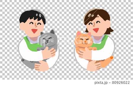 エプロン姿で猫を抱っこする男女（手描きカラー） 80926022