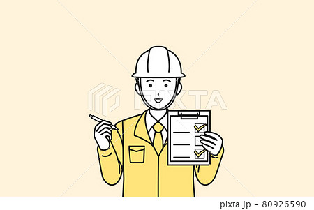 点検チェック サイン 確認 現場監督 電気工事士 建築士 作業着を着た男性のイラスト素材