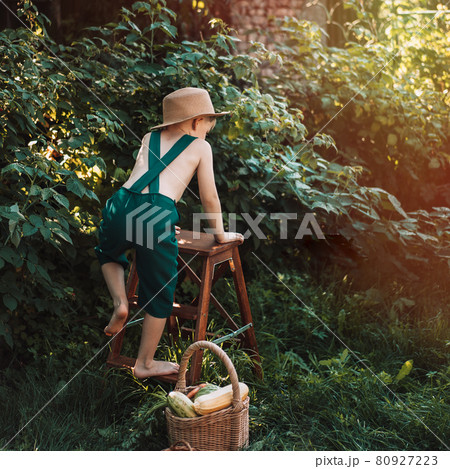 Little farmer in green overalls, standing in garden with happy face, in straw hat 80927223