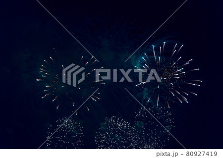 Blurred multicolored fireworks lights against the dark night sky 80927419