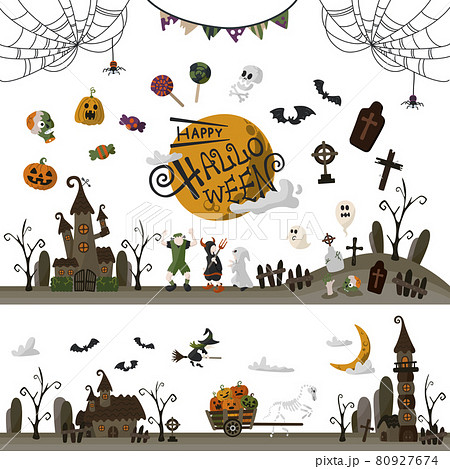ハロウィンの季節を楽しむ人々とお化けやアイテムのイラスト集 80927674