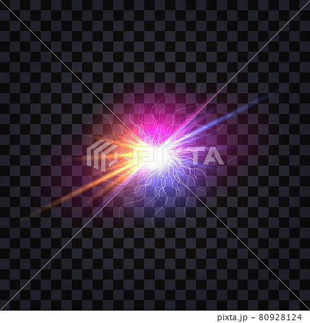 Electric light flash effect. Electrical discharge shock burst with colorful glowing rays and sparks, pink and purple shine light. Isolated on transparent background. Vector illustration Electric light flash effect. Electrical discharge shock burst with colorful glowing rays and sparks, pink and purple shine light. Isolated on transparent background. Vector illustration 80928124
