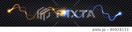 Electric discharge collision, blue vs yellow lightning thunder bolt. Glowing electric shock effect, light flash. Power battle with impulse waves. Vector illustration Electric discharge collision, blue vs yellow lightning thunder bolt. Glowing electric shock effect, light flash. Power battle with impulse waves. Vector illustration 80928133