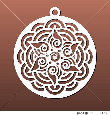 Laser cut mandala, cnc  stencil for coaster or Christmas ball. Diy craft, paper art, fretwork, wood carving. Pendant or breloque, decorative element. Vector illustration 80928135