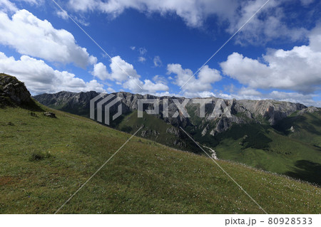 High altitude mountain landscape under blue sky 80928533