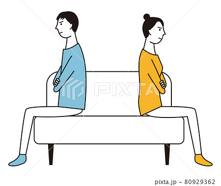 腕組みして反対向きにソファに座る男女のイラスト素材